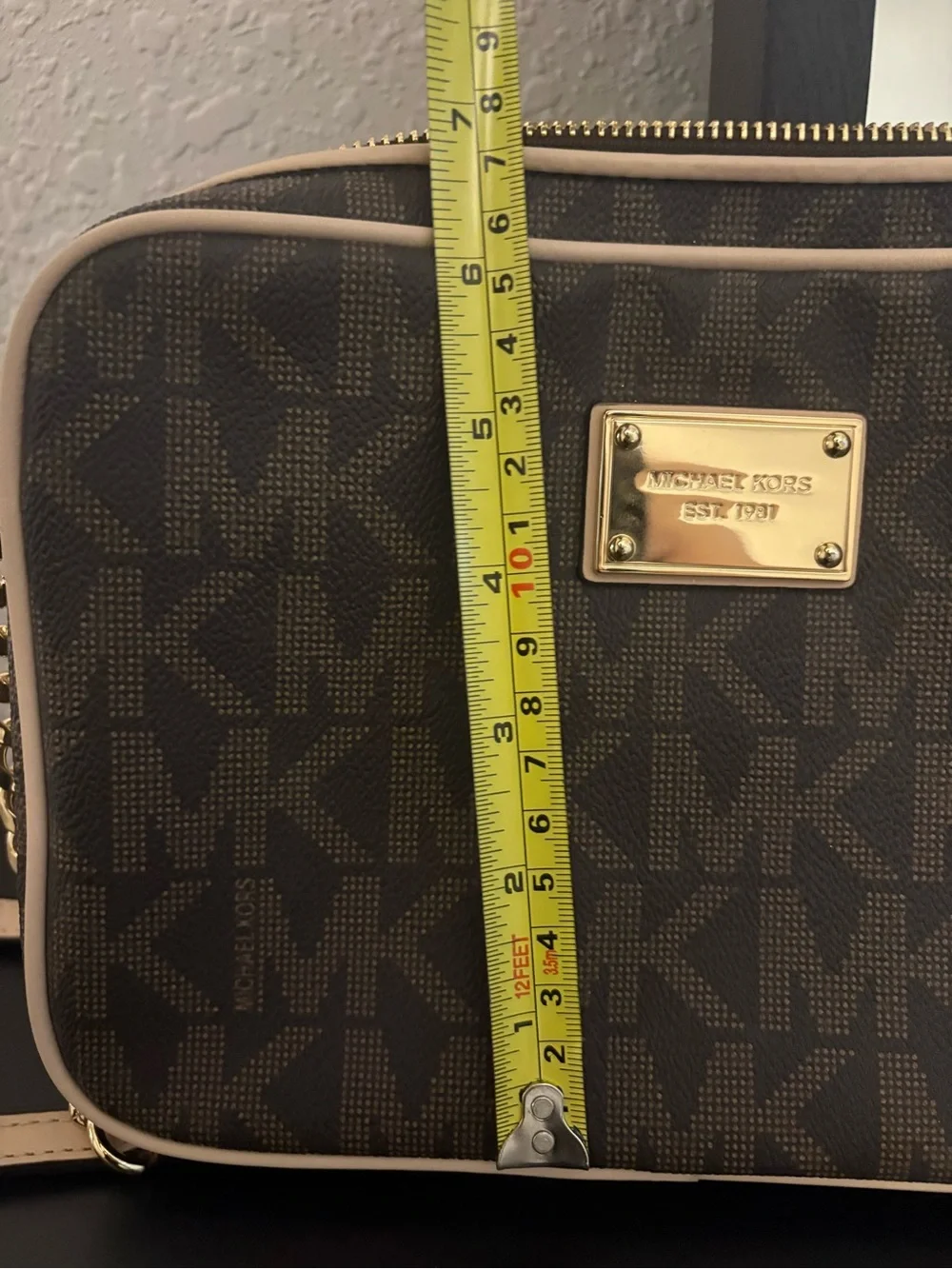 Michael Kors Brown/Beige MK Logo Crossbody with Gold Hardware